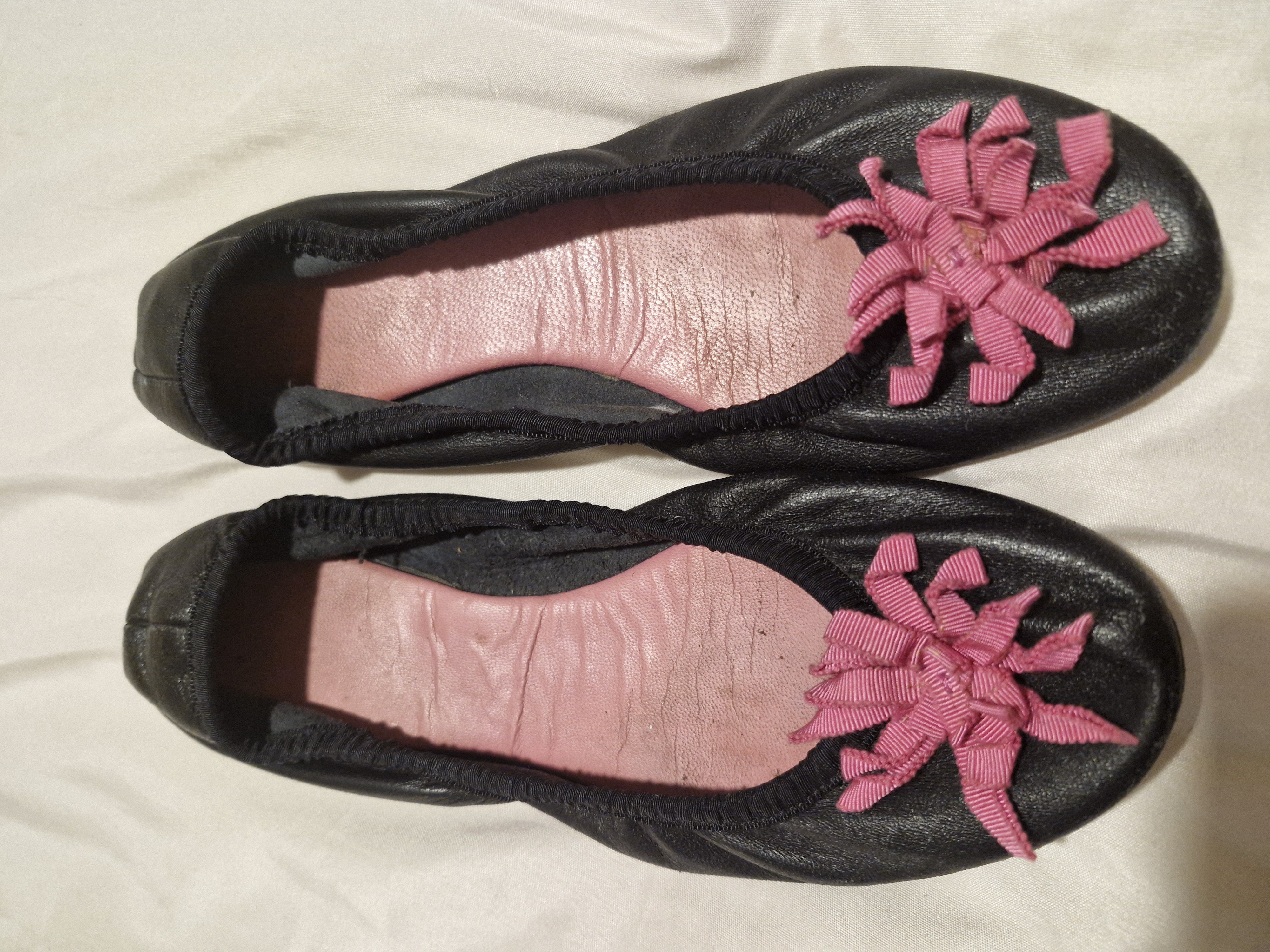 Black Leather Ballet Flats with Pink Bow/Pom- pom by Zara